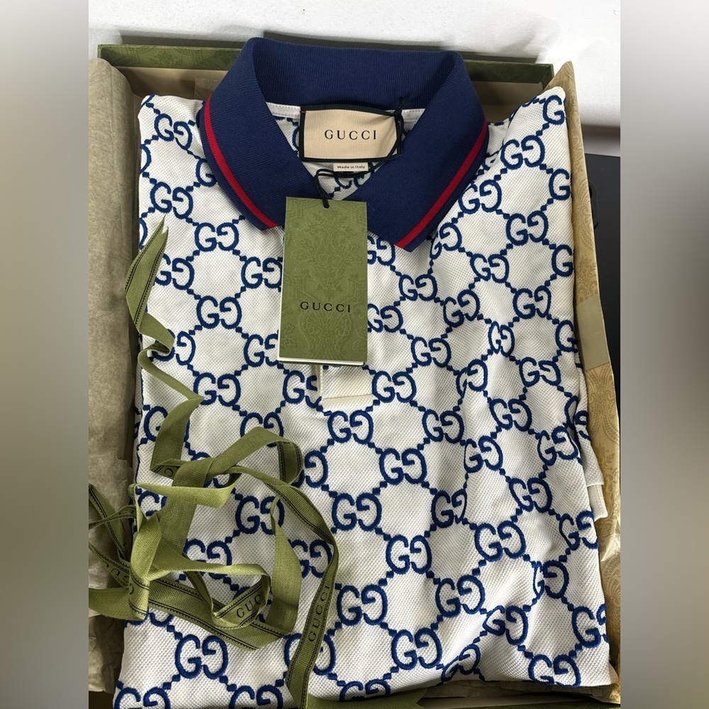 Gucci White Polo with Blue GG Monogram and Navy Collar. Authentic